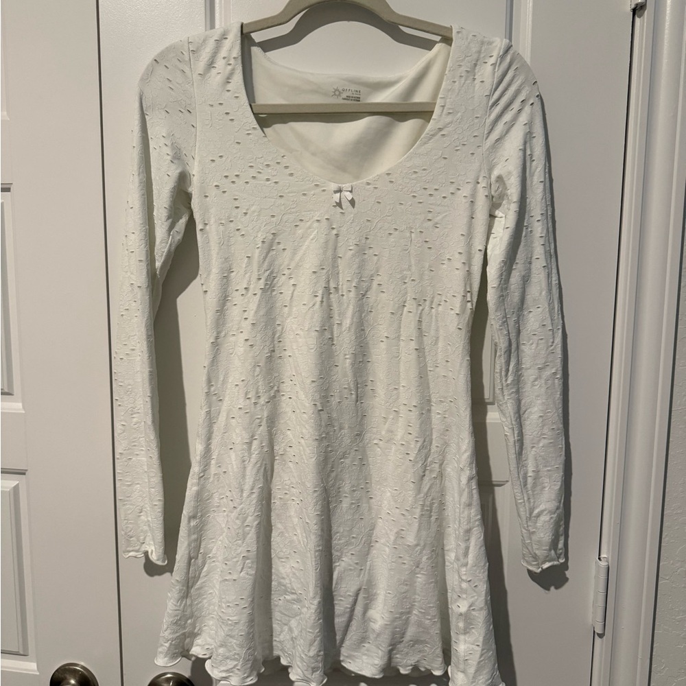 aerie White Long-Sleeve Eyelet Mini Dress